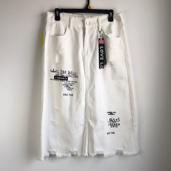 Dresses & Skirts - White Distressed Midi Denim Skirt with Printed Graphics and 'LOVE' Keychain